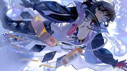  bikini bikini_top_only black_bikini breasts brown_hair closed_mouth collar commentary_request diving_suit dry_suit ear_piercing expressionless feet_out_of_frame female fish girls&#039;_frontline girls&#039;_frontline_neural_cloud gloves hair_ornament hairclip hatsuchiri_(neural_cloud) highres jellyfish jewelry key key_necklace looking_at_viewer lorem_ipsum medium_breasts metal_collar mole mole_on_breast necklace open_clothes open_wetsuit oxygen_tank piercing red_eyes solo submerged swimsuit tuotuo underwear watch weibo_watermark wristwatch 