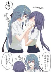  2girls ^^^ anger_vein black_skirt blush breasts closed_eyes closed_mouth collared_shirt commentary_request fu_hua fu_hua_(herrscher_of_sentience) grey_hair hair_between_eyes hand_on_another&#039;s_face highres honkai_(series) honkai_impact_3rd long_hair looking_at_another multicolored_hair multiple_girls pleated_skirt purple_hair red_eyes shirt simple_background skirt small_breasts streaked_hair sweat translation_request trembling very_long_hair vx7bj white_background white_hair white_shirt 