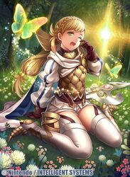  arm_support armor blonde_hair boots braid bug butterfly cape commentary_request company_name copyright_name female fensalir fire_emblem fire_emblem_cipher fire_emblem_heroes flower forest full_body fumi_(butakotai) gloves gradient_hair green_eyes hand_up high_heels long_hair low-tied_long_hair multicolored_hair nature official_art one_eye_closed pink_hair polearm scale_armor sharena_(fire_emblem) shorts simple_background sitting solo sparkle spear striped thigh_boots thighhighs tied_hair tree vertical_stripes wariza weapon 