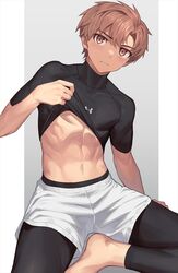  1boy arm_support barefoot black_leggings black_shirt blush brown_eyes brown_hair clothes_lift compression_shirt hand_up head_tilt highres leggings leggings_under_shorts lifting_own_clothes light_frown looking_at_viewer male_focus navel nayoshi_(r-744) original outside_border shirt shirt_lift short_hair short_shorts short_sleeves shorts sitting solo spread_legs turtleneck under_armour white_shorts 