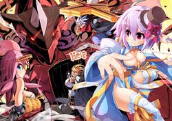  2boys 2girls arch_bishop_(ragnarok_online) argyle_clothes argyle_thighhighs arm_wrap armor bandages beard black_gloves black_kimono blue_dress blush bow breastplate breasts brown_hair brown_headwear cleavage cleavage_cutout closed_mouth clothing_cutout commentary_request cross detardeurus dragon dress dutch_angle facial_hair feet_out_of_frame frilled_hat frilled_thighhighs frills gauntlets gloves grey_hair hat hat_bow heart heart_in_mouth holding holding_shield japanese_clothes juliet_sleeves kimono large_cross long_sleeves looking_at_another looking_back medium_breasts multiple_boys multiple_girls ninja ninja_(ragnarok_online) no_panties official_art official_wallpaper ooyama_kina open_mouth paladin_(ragnarok_online) pelvic_curtain pink_hair pointy_ears puffy_sleeves purple_hair ragnarok_online red_bow red_scarf sarashi sash scarf shield shiny_skin short_hair shouting smile sura_(ragnarok_online) thighhighs top_hat two-tone_dress white_dress white_thighhighs yellow_sash 