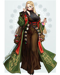  blonde_hair book breasts brown_skirt coat commentary earrings english_commentary female flask full_body glasses glint green_coat green_eyes hair_ornament hand_up highres jewelry long_hair long_skirt long_sleeves looking_at_viewer necklace off_shoulder original parted_lips print_coat rinotuna sefirot skirt smile solo standing star_(symbol) star_earrings star_hair_ornament 