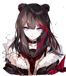  animal_ears arknights artist_name bear_ears black_choker black_hair black_jacket black_sailor_collar blue_eyes chinese_commentary choker commentary_request female fur-trimmed_jacket fur_trim highres jacket long_hair looking_at_viewer multicolored_hair neckerchief parted_lips red_hair red_neckerchief sailor_collar sheya signature simple_background solo streaked_hair upper_body white_background zima_(arknights) 