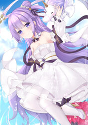  azur_lane bare_shoulders blue_sky bouquet breasts chinese_commentary cleavage closed_mouth cloud collarbone commentary_request detached_sleeves dress female flower hair_bun hair_flower hair_ornament hair_ribbon high_heels highres kana_(kuaua) long_hair long_sleeves official_alternate_costume pantyhose puffy_long_sleeves puffy_sleeves purple_eyes purple_hair purple_ribbon ribbon rose sash sidelocks single_hair_bun single_side_bun sky small_breasts smile solo stuffed_winged_unicorn unicorn_(a_dream_of_pure_vows)_(azur_lane) unicorn_(azur_lane) very_long_hair wedding_dress white_dress white_footwear white_pantyhose 