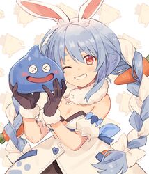  animal_ear_fluff animal_ears black_gloves blue_hair braid carrot carrot_hair_ornament don-chan_(usada_pekora) dragon_quest female food-themed_hair_ornament fur-trimmed_gloves fur_scarf fur_trim gloves hair_ornament highres holding hololive long_braid long_hair looking_at_viewer one_eye_closed orqz parted_lips rabbit-shaped_pupils rabbit_ears rabbit_girl red_eyes slime_(dragon_quest) smile symbol-shaped_pupils thick_eyebrows twin_braids upper_body usada_pekora usada_pekora_(1st_costume) virtual_youtuber white_hair 