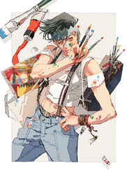  1boy bag black_hair canvas_(object) cowboy_shot diamond_wa_kudakenai earrings heaven&#039;s_door highres holding holding_paintbrush jewelry jojo_no_kimyou_na_bouken kishibe_rohan looking_at_viewer male_focus midriff navel naz_(tkg) one_eye_closed paint_on_clothes paint_on_fingers paint_splatter paint_splatter_on_face paintbrush short_hair shoulder_bag solo suspenders 