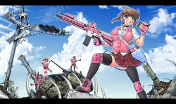  4girls animal_ears assault_rifle bag benelli_m4 between_breasts black_hair blue_eyes blue_sky boots breasts brown_hair cardigan_vest choker cloud commentary_request day faceless faceless_female fn_scar food gloves green_hair grin gun h&amp;k_hk416 hair_ornament hair_scrunchie handgun hase_yu headband knee_pads large_breasts letterboxed m60 machine_gun medium_breasts military military_vehicle miniskirt motor_vehicle mouth_hold multicolored_clothes multicolored_gloves multiple_girls open_clothes open_shirt original outdoors pink_footwear pink_gloves plaid plaid_skirt pocky ponytail rabbit_ears ribs rifle ruins school_uniform scrunchie shotgun sitting skirt skull sky smile strap_between_breasts strawberry_pocky tank thighhighs traffic_light trigger_discipline weapon zettai_ryouiki 