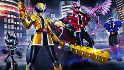  4boys avataro_sentai_donbrothers clenched_hand club_(weapon) donblaster donmomotarou female flying gun helmet highres holding holding_gun holding_sword holding_weapon inubrother kanabou kijibrother looking_at_viewer masukudo_(hamamoto_hikaru) multiple_boys night night_sky oni_sister open_hand sarubrother sky super_sentai superbike_enya_rideon sword tokusatsu weapon wings 