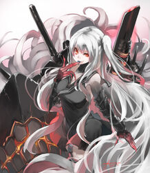  abyssal_ship aircraft_carrier_princess black_dress breasts cannon cleavage colored_skin dress female finger_to_tongue hair_between_eyes highres kantai_collection long_hair pale_skin red_eyes side_ponytail solo sunday_aki tongue tongue_out very_long_hair white_hair white_skin 