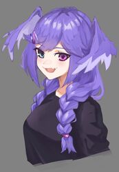  black_jacket blue_eyes braid breasts collarbone female from_side grey_background hair_ornament hairclip head_wings heterochromia highres jacket looking_at_viewer medium_breasts medium_hair nijisanji nijisanji_en oerba_yun_fang open_mouth purple_eyes purple_hair radioneet selen_tatsuki skin_fang solo twin_braids upper_body virtual_youtuber wings 