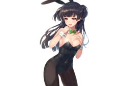  animal_ears black_hair breast_hold breasts brown_eyes bunny_ears bunnygirl cat_smile cleavage headband idolmaster idolmaster_shiny_colors leotard long_hair mayuzumi_fuyuko pantyhose rangen wristwear 