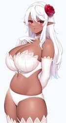  absurd_res big_breasts bra breasts cleavage clothed clothing dark_body dark_skin elf female hair hi_res huge_breasts humanoid legwear not_furry panties solo suruga_(xsurugax) thigh_highs underwear white_hair 