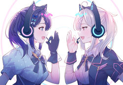  2girls :d ahoge aiba_uiha animal_ear_headphones animal_ears bandaged_arm bandages black_bow black_gloves black_jacket black_skirt blue_bow blue_eyes blue_shirt bow braid breasts cat_ear_headphones collared_shirt commentary eye_contact fake_animal_ears from_side gloves grey_hair hair_ornament hairbow happy_synthesizer_(vocaloid) headphones headset high-waist_skirt highres jacket looking_at_another medium_breasts meito_(maze) mole mole_under_eye multiple_girls nijisanji oerba_yun_fang open_clothes open_jacket open_mouth polka_dot polka_dot_shirt profile purple_hair red_eyes shirt short_sleeves skirt smile sukoya_kana twintails upper_body virtual_youtuber white_bow white_shirt wrist_cuffs x_hair_ornament 