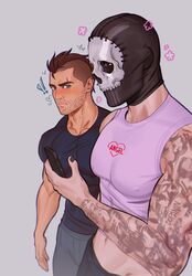  ! !! 2boys absurdres arm_tattoo asymmetrical_hair bara black_hair black_nails black_pants black_shirt blue_eyes blush call_of_duty call_of_duty:_modern_warfare_2 crop_top cropped_shirt dopanin eyebrow_cut facial_hair flower ghost_(modern_warfare_2) girl_staring_at_guy&#039;s_chest_(meme) grey_background grey_pants happy_aura highres holding holding_phone large_pectorals looking_at_another male_focus mask meme midriff multiple_boys muscular muscular_male nail_polish navel pants pectorals phone pink_shirt purple_shirt scar scar_across_eye scar_on_face shirt short_hair sidecut simple_background skull_mask soap_(modern_warfare_2) tattoo three_quarter_view undercut 