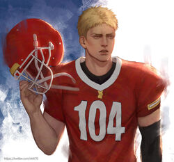  1boy absurdres american_football american_football_helmet american_football_uniform ball blonde_hair brown_eyes ekit70 helmet highres holding holding_ball holding_helmet looking_away male_focus parted_lips red_shirt reiner_braun shingeki_no_kyojin shirt short_hair solo sportswear twitter_username upper_body 