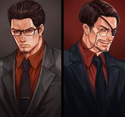  2boys alternate_costume aomi_nekosuki black_jacket black_necktie expressionless eyepatch facial_hair formal glasses goatee grey_jacket hair_slicked_back jacket kiryu_kazuma majima_goro male_focus manly mature_male monocle multiple_boys necktie red_shirt ryuu_ga_gotoku ryuu_ga_gotoku_(series) shirt short_hair sideburns smile split_screen trait_connection upper_body 