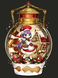  apron beret blue_eyes cake commentary dress fate/grand_order fate_(series) female food fruit gingerbread_house hat highres in_container long_hair martha_(fate) martha_(santa)_(fate) pom_pom_(clothes) purple_hair snow_globe strawberry sumifate 