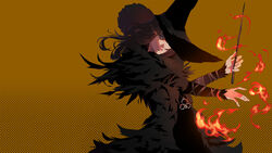  black_hair blue_eyes brown_background commentary demon&#039;s_souls english_commentary female fire hat highres long_hair long_sleeves looking_at_viewer magic simple_background wand witch witch_hat yuria_the_witch zebes 