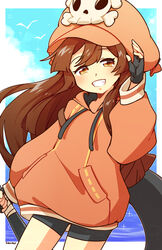  anchor artist_name backpack bag baggy_clothes bangs bike_shorts bird black_dress black_gloves blue_background bright_pupils brown_eyes brown_hair cloud dress female fingerless_gloves gloves guilty_gear guilty_gear_strive hair_between_eyes hand_up hat highres huge_weapon long_hair long_sleeves looking_at_viewer lyn_(shunao) may_(guilty_gear) ocean orange_headwear orange_hoodie orange_shirt pirate_hat shirt skull_and_crossbones sky smile solo weapon white_pupils 