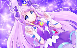  blue_eyes bow closed_mouth crescent crescent_earrings cure_selene dated dress earrings female hairbow jewelry kaguya_madoka long_hair looking_at_viewer magical_girl precure purple_background purple_bow purple_dress purple_hair purple_theme sidelocks signature smile solo sparkle star_twinkle_precure ultramarimo upper_body wrist_cuffs 