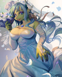  4:5 anthro big_breasts blue_eyes breasts claws clothing digit_ring dragon dress female finger_claws green_body green_scales horn jewelry looking_at_viewer mythological_creature mythological_scalie mythology necklace ring savrasova scales scalie simple_background solo wedding_dress wedding_ring 