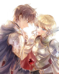  1boy armor blonde_hair blue_eyes breastplate brown_eyes brown_hair closed_mouth couple eye_contact female fire_emblem fire_emblem:_genealogy_of_the_holy_war fire_emblem:_thracia_776 from_side kuzumosu leif_(fire_emblem) looking_at_another nanna_(fire_emblem) profile short_hair shoulder_armor simple_background smile straight white_background 