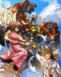  1boy absurdres artist_name black_eyes black_hair blue_gloves blurry blurry_background breasts brown_hair cleavage clenched_hand cloud daimos english_commentary erika_(daimos) feathers female gao_ex_kaiser gloves hairband highres long_hair looking_up mecha medium_breasts orange_eyes pilot_suit pink_hairband robot ryuuzaki_kazuya sandals science_fiction sky smile super_robot toushou_daimos 