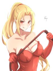  artist_name bad_id bad_pixiv_id blonde_hair blush breasts cleavage collarbone commentary_request dominatrix dress elbow_gloves female gloves hairband knt02142769 long_hair looking_at_viewer medium_breasts ponytail red_dress red_eyes red_gloves shynesslady smirk solo star_ocean star_ocean_the_second_story tongue tongue_out whip white_background 