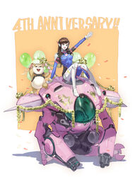  absurdres anniversary arm_cannon bad_id bad_twitter_id balloon blue_bodysuit bodysuit breasts brown_eyes brown_hair buck_teeth clenched_hand confetti d.va_(overwatch) female gloves hammond_(overwatch) hamster heart highres looking_at_viewer mecha medium_breasts meka_(overwatch) open_mouth overwatch overwatch_1 passimo pilot_suit robot science_fiction smile star_(symbol) teeth weapon whiskers white_gloves 