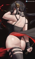  absurdres artist_name ass back bare_shoulders black_background black_dress black_hair black_leotard black_thighhighs blood blood_on_weapon breasts dagger dress earrings echo_saber english_commentary female flower from_behind gold_earrings gold_hairband hair_flower hair_ornament hairband highres holding holding_dagger holding_knife holding_weapon jewelry knife large_breasts leotard looking_to_the_side median_furrow paid_reward_available patreon_logo patreon_username red_eyes rose short_hair_with_long_locks sideboob solo spy_x_family thighhighs watermark weapon web_address yor_briar 