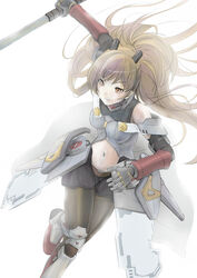  absurdres black_bow black_pantyhose bow brown_hair female final_gear floating_hair hair_behind_ear highres holding holding_weapon margaret_(final_gear) mechanical_arms navel pantyhose ponytail red_footwear solo supitaso. v-shaped_eyebrows weapon white_background 