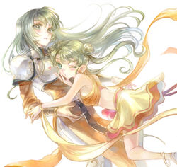  2girls anklet armor blue_eyes blush breastplate double_bun dress erinys_(fire_emblem) fire_emblem fire_emblem:_genealogy_of_the_holy_war floating_hair green_eyes green_hair hair_bun jewelry kissing kuzumosu layered_skirt long_hair miniskirt multiple_girls one_eye_closed orange_dress parted_lips shoulder_armor silvia_(fire_emblem) simple_background skirt straight_hair sweatdrop twintails very_long_hair white_background yellow_skirt 