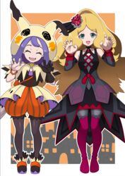  2girls acerola_(fall_2020)_(pokemon) acerola_(pokemon) bare_shoulders bead_bracelet beads black_gloves blonde_hair boots bracelet caitlin_(fall_2021)_(pokemon) caitlin_(pokemon) capelet closed_eyes detached_sleeves eyelashes facing_viewer flipped_hair gloves hair_ornament hands_up highres hood hooded_capelet jewelry kohatsuka long_hair looking_at_viewer multiple_girls official_alternate_costume open_mouth orange_bracelet orange_shorts outline pantyhose pantyhose_under_shorts parted_bangs pokemon pokemon_masters_ex purple_hair shoes shorts single_glove standing striped_clothes striped_shorts themed_object thigh_boots thighhighs tongue vertical-striped_clothes vertical-striped_shorts waist_cape 