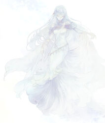  detached_sleeves dress female fire_emblem fire_emblem:_the_blazing_blade floating_hair full_body kuzumosu layered_dress long_dress long_hair long_sleeves mermaid_dress ninian_(fire_emblem) sash simple_background sleeveless sleeveless_dress solo standing very_long_hair white_background white_dress white_hair white_sleeves 