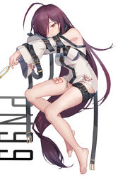  ahoge barefoot breasts brown_eyes champagne_flute character_name clothing_cutout cup drinking_glass feet female final_gear hair_over_one_eye head_tilt highres holding holding_cup jacket long_hair medium_breasts one_eye_covered pn99_(final_gear) purple_hair sama_(sama24654684) shoulder_cutout sitting solo thigh_strap toes very_long_hair white_background white_jacket 