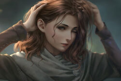  adjusting_hair brown_eyes brown_hair elden_ring facial_tattoo female grey_cloak highres looking_at_viewer melina_(elden_ring) miura-n315 nose one-eyed one_eye_closed parted_lips realistic scar scar_across_eye solo tattoo 