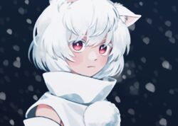  animal_ear_fluff animal_ears black_background blush bright_pupils commentary detached_sleeves female high_collar inubashiri_momiji looking_at_viewer pom_pom_(clothes) red_eyes shirt short_hair snowing solo symbol-only_commentary touhou upper_body white_hair white_pupils white_shirt wolf_ears you_taira 