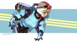  animification apex_legends armor artist_name bad_id bad_twitter_id black_bodysuit blonde_hair blue_eyes blue_gloves bodysuit female gloves goggles goggles_on_headwear helmet highres leaning_forward looking_ahead official_alternate_costume passimo wattson_(apex_legends) white_headwear wired_for_speed_wattson 