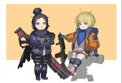  2girls aged_down animification apex_legends bad_id bad_twitter_id black_bodysuit black_eyes black_hair black_scarf blonde_hair blue_bodysuit blue_headwear bodysuit energy_gun g7_scout gun gun_on_back hair_behind_ear hair_bun holding holding_gun holding_weapon hood hooded_jacket jacket knee_pads m1904_mastiff multiple_girls orange_jacket passimo prowler_smg ribbed_bodysuit rifle scarf shoes shotgun single_hair_bun smile sneakers submachine_gun wattson_(apex_legends) weapon weapon_on_back white_bodysuit white_footwear wraith_(apex_legends) 