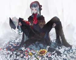  2girls black_headwear blood blood_on_clothes bloodborne bonnet carrying closed_eyes commentary death doll dying flower grey_hair lady_maria_of_the_astral_clocktower multiple_girls plain_doll red_headwear sunflower syokuuuuuuuuumura 