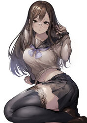  arm_support arm_up black_skirt black_thighhighs brown_footwear brown_hair collarbone commentary female glasses highres juusan_kihei_bouei_ken koruse lace lace-trimmed_legwear lace_trim loafers long_hair long_sleeves looking_at_viewer midriff miniskirt navel neckerchief parted_lips pleated_skirt purple_neckerchief rimless_eyewear sailor_collar sailor_shirt school_uniform serafuku shirt shoes simple_background sitting skirt solo thighhighs twirling_hair white_background white_shirt yakushiji_megumi yokozuwari zettai_ryouiki 