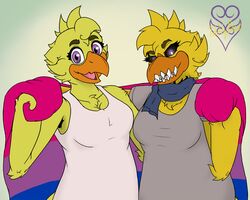  4_fingers 5:4 alternate_form alternate_species android animatronic anthro avian beak bird bisexual_pride_colors breasts chest_tuft chica_(fnaf) chica_(thevgbear) chicken clothed clothing duo eyebrows eyelashes feathers female female/female fingers five_nights_at_freddy&#039;s five_nights_at_freddy&#039;s_4 flag flag_(object) galliform gallus_(genus) hand_holding holding_flag holding_object lgbt_pride machine mammal medium_breasts nightmare_chica_(fnaf) non-mammal_breasts open_beak open_mouth open_smile orange_beak overweight overweight_anthro overweight_female phasianid pink_tongue pose pride_color_flag pride_colors pride_month_2020 purple_eyes robot scottgames seductive sharp_teeth slightly_chubby slightly_chubby_anthro slightly_chubby_female smile standing tail tail_feathers teeth thevgbear thick_thighs tongue tuft wide_hips winged_arms wings yellow_body yellow_feathers yellow_skin 