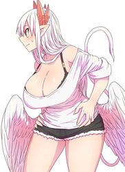  black_bra blush bra bra_strap breasts demon_horns denim denim_shorts feathered_wings female from_side hand_on_own_hip highres horns huge_breasts jewelry lorem_(mazohaha) musuko_ga_kawaikute_shikatanai_mazoku_no_hahaoya pointy_ears red_eyes red_horns ring short_shorts shorts sweatdrop tail thighs underwear wedding_ring white_background white_hair white_tail white_wings wings zyugoya 