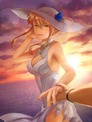  ahoge artoria_pendragon_(fate) artoria_pendragon_(swimsuit_ruler)_(fate) artoria_pendragon_(swimsuit_ruler)_(second_ascension)_(fate) bare_shoulders blonde_hair bracelet braid breast_cutout breasts cleavage cloud cloudy_sky commentary_request cowboy_shot dusk fate/grand_order fate_(series) female green_eyes hair_bun hat highres holding_hands jewelry kankitsurui_(house_of_citrus) lens_flare leotard looking_at_viewer medium_breasts necklace ocean open_mouth outdoors pov sideboob single_hair_bun sky sleeveless teeth tongue water watermark white_headwear white_leotard 