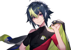  1boy ahoge black_hair essual_(layer_world) green_hair inami_rai looking_at_viewer male_focus multicolored_hair nijisanji purple_eyes smile solo streaked_hair upper_body virtual_youtuber white_background 