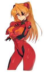  absurdres alternate_breast_size blue_eyes bodysuit breasts commentary covered_nipples cowboy_shot english_commentary evangelion:_3.0_you_can_(not)_redo eyepatch female hair_ornament highres large_breasts long_hair multicolored_bodysuit multicolored_clothes neon_genesis_evangelion orange_bodysuit orange_hair plugsuit rebuild_of_evangelion red_bodysuit simple_background slugbox solo souryuu_asuka_langley white_background 