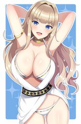  :d armlet arms_behind_head arms_up bare_arms bare_shoulders belt bikini bikini_under_clothes black_belt blonde_hair blue_background blue_eyes blush border breasts cleavage collarbone commentary_request cowboy_shot dolphin_wave dress earrings female glint gold_trim groin hair_intakes halter_dress halterneck head_tilt highres hoop_earrings jewelry kirahoshi_kanna large_breasts long_hair looking_at_viewer neck_ring open_mouth outline outside_border short_dress sidelocks single_earring smile solo sparkle_background standing surippa1010 swimsuit very_long_hair wavy_hair white_background white_bikini white_border white_dress white_outline 