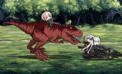  &gt;_&lt; 1other 3girls anachronism animal assault_rifle banana_(girls&#039;_frontline) beak_(girls&#039;_frontline) chasing commentary dinosaur fleeing forest girls&#039;_frontline glowing gun jurassic_park korean_commentary m16a1_(boss)_(girls&#039;_frontline) m16a1_(girls&#039;_frontline) m4_carbine m4_sopmod_ii m4_sopmod_ii_(girls&#039;_frontline) motor_vehicle motorcycle multiple_girls nature non-humanoid_robot o_o red_eyes rifle robot sangvis_ferri saru_(style) sharp_teeth teeth the_mad_mimic tyrannosaurus_rex weapon 