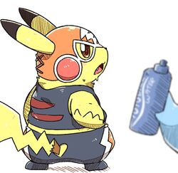  2023 ambiguous_gender bottle clothing container cosplay_pikachu_(costume) dipstick_ears duo ear_markings generation_1_pokemon hi_res mask multicolored_ears nintendo open_mouth pikachu pikachu_libre pokemon pokemon_(species) semi-anthro simple_background solo_focus tatu_wani_(artist) water_bottle yellow_body 