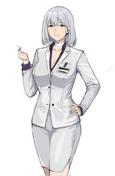  alternate_costume breasts cleavage collar corrupted_twitter_file cowboy_shot female finger_heart girls&#039;_frontline grey_hair grey_shirt grey_skirt hand_on_own_hip highres id_card jacket lapels large_breasts long_sleeves looking_at_viewer office_lady official_alternate_costume parted_lips purple_eyes rpk-16_(girls&#039;_frontline) rpk-16_(renate)_(girls&#039;_frontline) seilindekos shirt short_hair skirt smile solo suit_jacket teeth tight_clothes white_collar 